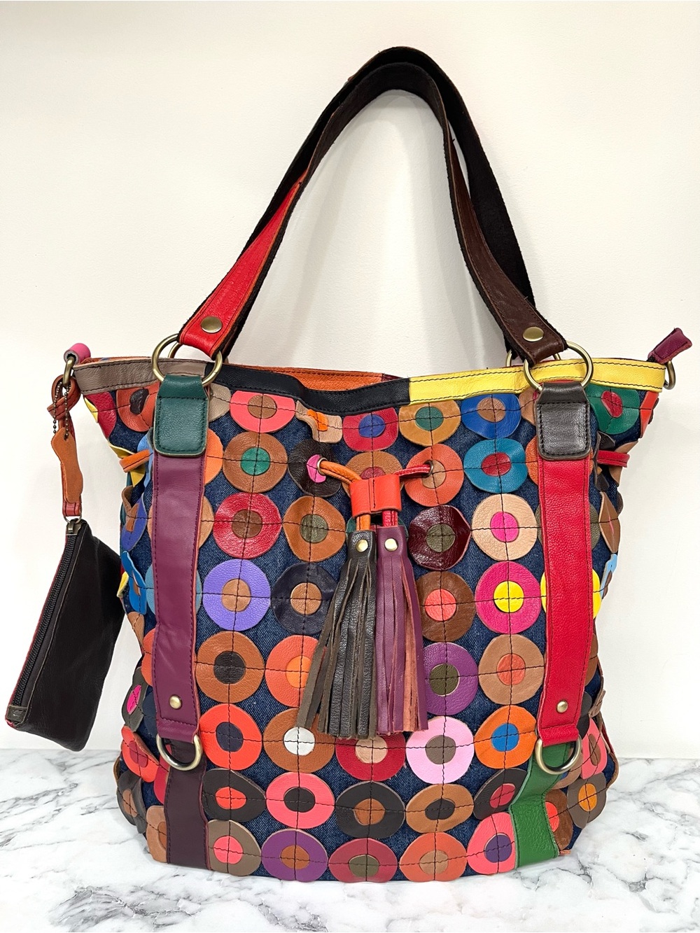 AmeriLeather Lloyd Leather Patchwork Circles Convertible Tote Bag Colorful